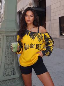 Kaos Panjang Wanita Gaya Jersey Dortmund Kasual dengan Kerah Asimetris dan Renda Warna Kontras, Ukuran Besar, Cocok untuk Pemakaian Sehari-hari dan Kegiatan Musim Gugur/Dingin - Kuning - View 4