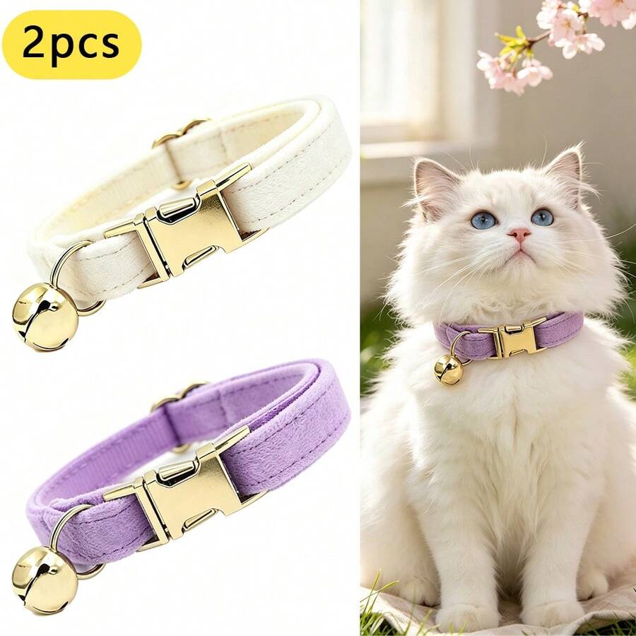 2pcs Cream + Lavender Soft Velvet Cat Collar, With Gold Bell Metal Buckle, Adjustable Size Comfortable Wear, Suitable For Cats And Small Dogs Pet Neck Collar Accessories, Valentine's Day, Easter - Cream White & Lilac - View 1