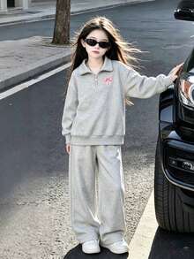 Girls' Bowknot Print Gray Zipper Hoodie And Wide Leg Pants 2 Pieces Set, Minimalist Design, Suitable For Spring, Autumn And Winter Wear, Comfortable And Relaxed - Grey - View 3