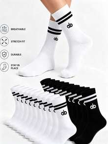 1/5/10 Pairs Unisex Letter Striped Black & White Sports Socks, Couple Socks, Comfortable Breathable Sweat-Absorbing Mid-Calf Socks, Casual Socks, Suitable For Daily Wear, Sports, Back To School Season, All Seasons - Black and White - View 1