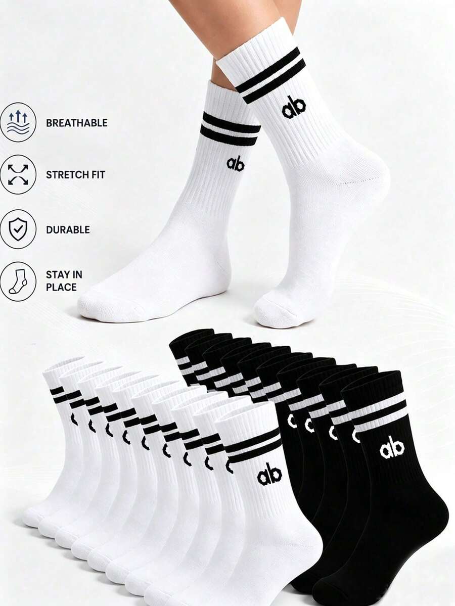 1/5/10 Pairs Unisex Letter Striped Black & White Sports Socks, Couple Socks, Comfortable Breathable Sweat-Absorbing Mid-Calf Socks, Casual Socks, Suitable For Daily Wear, Sports, Back To School Season, All Seasons - Black and White - View 1