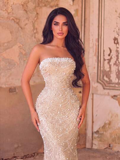 Faeriesty Elegant Strapless Mermaid Dress For Women, Embellished With Sequins And Faux Pearl Decor, Glamorous Formal Evening Gown Wedding Party, Prom Dress Fall