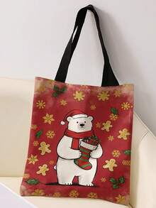 1pc Christmas Bear Print Canvas Tote Bag, Large Capacity Hand‑Held Shoulder Bag,Reusable Shopping Bag For Music Festival Party Daily Packing Books - Multicolor - View 4