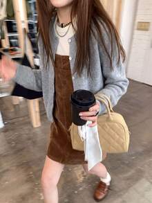 Autumn/Winter New Korean Style Casual Knit Cardigan, Sweet Grey Round Neck Open Front Soft Cropped Fitted Button-Up Solid Color Outerwear - Grey - View 6
