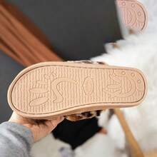 Women's Cross-Strap Anti-Slip Wear-Resistant Solid Color Open-Toe Low-Heel Fuzzy Slippers, Comfortable Home Wear With Rabbit Fur And Faux Fur - Leopard Brown - View 6