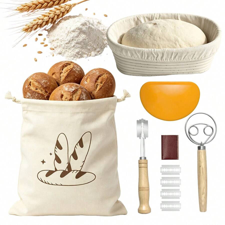 23cm Round/25cm Oval Bread Proofing Basket Set, Includes Liner, Dough Whisk, Scraper, 5-Blade Bread Lame And Storage Bag, Complete Sourdough Baking Kit - - - View 1