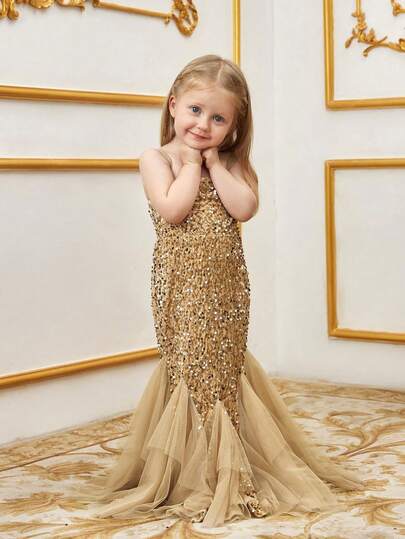 ALISA&LEO Girls' Spaghetti Strap Backless Sequin Mermaid Dress With Tulle Trim, Elegant Silhouette, Suitable For Photos, Formal Events, Weddings, Beauty Pageants