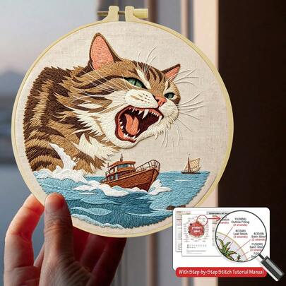 1PC 15*15cm/5.9*5.9in 20*20cm/7.9*7.9in, Ocean Cat Embroidery Kit, DIY Handmade Embroidery Set For Adult Beginners, Home Gift, Women's Sewing Gift, Including User Manual, Printed Pattern Fabric, Embroidery Frame, Needle And Thread.