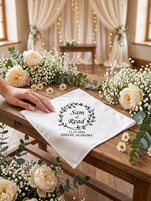 1pc Custom Text Wedding Handkerchief With Botanical Wreath Print, Personalized Couple Meaningful Bridal Keepsake Gift For Wedding Day Souvenir Favor - Multicolor - View 2