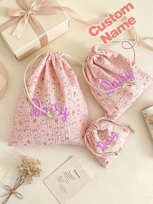 (客製化刺繡) 1件/套可愛粉色蝴蝶結印花旅行護膚抽繩收納袋，化妝包，內衣衣物收納袋，衛生棉收納袋，短途旅行必需品，旅行收納盒套裝，收納方塊套裝，行李收納袋套裝，學校用品，大學宿舍必需品 - 西瓜粉 - 查看 4