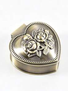 1pc Vintage Heart-Shaped Metal Jewelry Box, Embossed Rose & Floral Pattern Jewelry Storage Box, Suitable For Rings, Earrings, Wedding, Proposal, Valentine's Day Gift Box - Multicolor - View 4