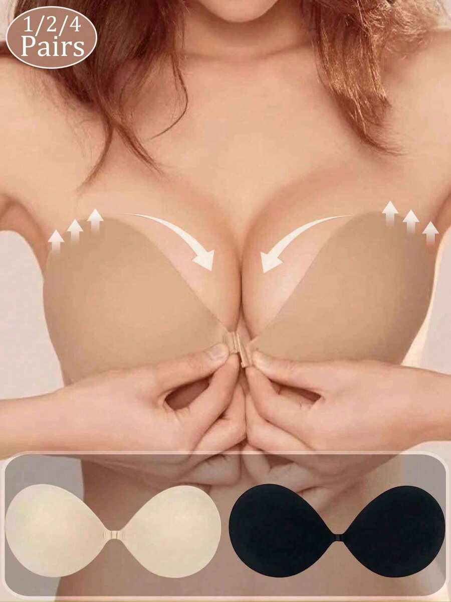 1 Pair Reusable Front-Clasp Silicone Adhesive Bra, Invisible Strapless Underwear, Suitable For Summer Spaghetti Strap Tops, Wedding Evening Gowns