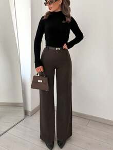 SMILE CHI Women's Casual Elastic Straight Leg Dress Pants, Autumn Back To School, Commute Daily Office Wear (Belt Not Included) - Brown - View 4