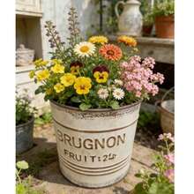 French Vintage Distressed Iron Planter, Retro Metal Flower Bucket, Garden Balcony Decor Planter, Distressed Iron + Vintage Letter Print, Suitable For Garden, Balcony, Homestay And Other Scenes - New Model - View 7