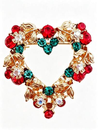 1pc Retro Christmas Heart Shaped Brooch Pin, Red Green Floral Accessory For Women Girls Teens, Chic Festive Decor For Outfit Bag Holiday Gifting