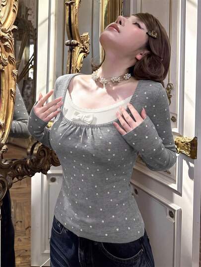 Autumn/Winter Casual Korean Sweet Polka Dot Square Collar Knit Sweater, Fitted Slimming Contrast Color Bow Tie Long Sleeve Top, Warm Gentle Elegant Versatile Base Layer Pullover
