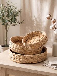 1pc/3pcs Handwoven Round Storage Basket, Round Serving Tray, Camping Living Room Farm Display Tray, Woven Gift Tray, Shelf Basket, Suitable For Storing Small Household Items - Khaki - View 11