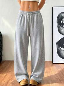 Women's Grey Wide Leg Sweatpants, Loose Drawstring Waist Casual Joggers, Suitable For Daily Wear And Light Exercise, Spring/Autumn Sports Style - Grey - View 2