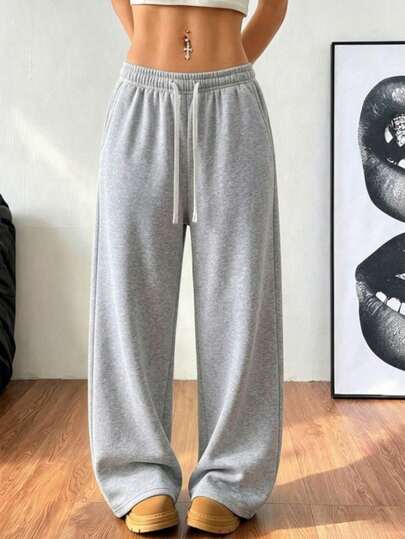 Women's Grey Wide Leg Sweatpants, Loose Drawstring Waist Casual Joggers, Suitable For Daily Wear And Light Exercise, Spring/Autumn Sports Style