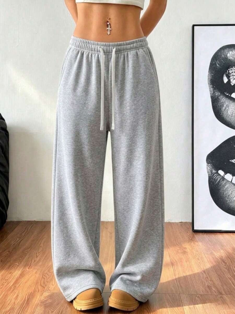 Women's Grey Wide Leg Sweatpants, Loose Drawstring Waist Casual Joggers, Suitable For Daily Wear And Light Exercise, Spring/Autumn Sports Style