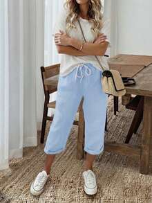 Jisfaneya Women's Plus Size Casual Solid Color 3/4 Length Pants, Elastic Waistband With Drawstring And Pockets Summer - Blue - View 1