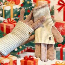 Maillard Winter Dual-Use Colorblock Knitted Gloves For Women, Woolen Fingerless Touchscreen Compatible Warm Cycling Gloves - Multicolor - View 9