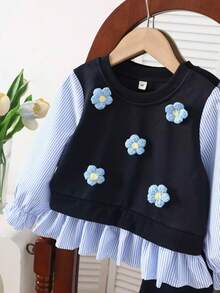 Young Girls Autumn/Winter 3D Floral Blue Striped Patchwork 2 In 1 Top + Knitted Flare Pants Casual Set - Blue - View 4