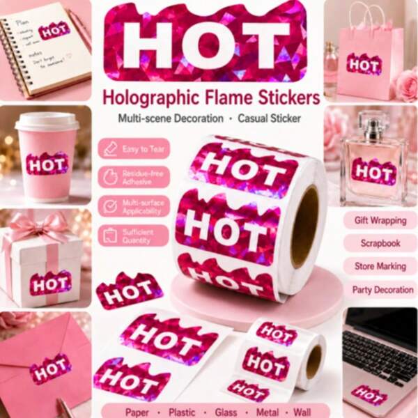 500pcs Flame-Shaped Holographic Pink HOT Stickers, Waterproof HOT Warning Labels, Suitable For Music Festivals, Restaurants, Supermarkets And Spicy Food Packaging