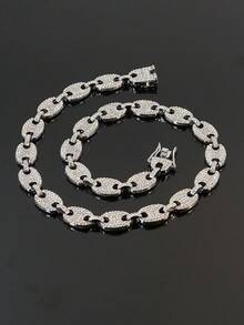 1 Set 13mm Wide Full Rhinestone Pig Nose Chain Necklace & Bracelet 2-Piece Set, Densely Inlaid Rhinestone Heavy Chain, Hip Hop Street Style Accessories, Rap Music Festival Party Unisex Gift Jewelry - Style NL2047 - View 19