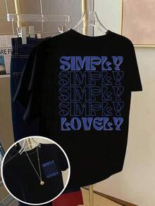 Einfach Lieblich, Minimalistisches Design, Bedrucktes T-Shirt, Kurzarm, Rundhalsausschnitt, Lässiges Oberteil für Sommer und Frühling, Damenbekleidung - Schwarz - Übersicht 1