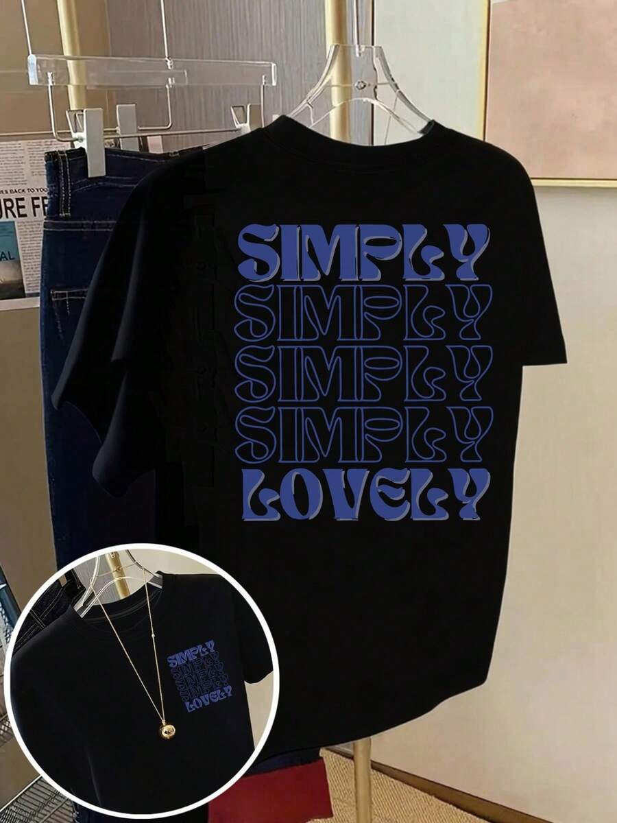 Einfach Lieblich, Minimalistisches Design, Bedrucktes T-Shirt, Kurzarm, Rundhalsausschnitt, Lässiges Oberteil für Sommer und Frühling, Damenbekleidung - Schwarz - Übersicht 1