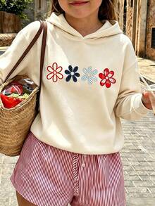 Girls Plaid Stripe Daisy Floral Front Print Hoodie, Soft Casual Pullover - Apricot - View 1
