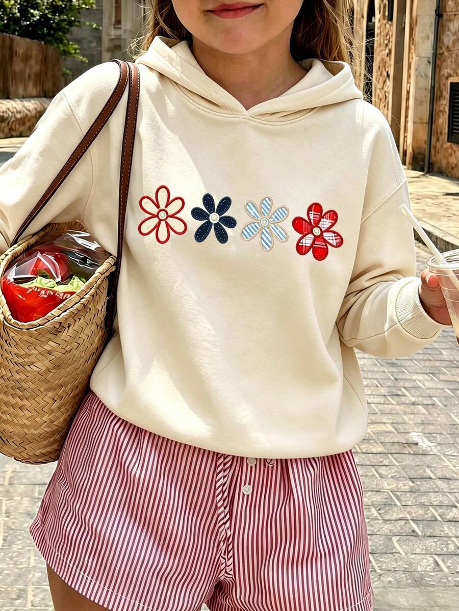 Girls Plaid Stripe Daisy Floral Front Print Hoodie, Soft Casual Pullover - Apricot - View 1