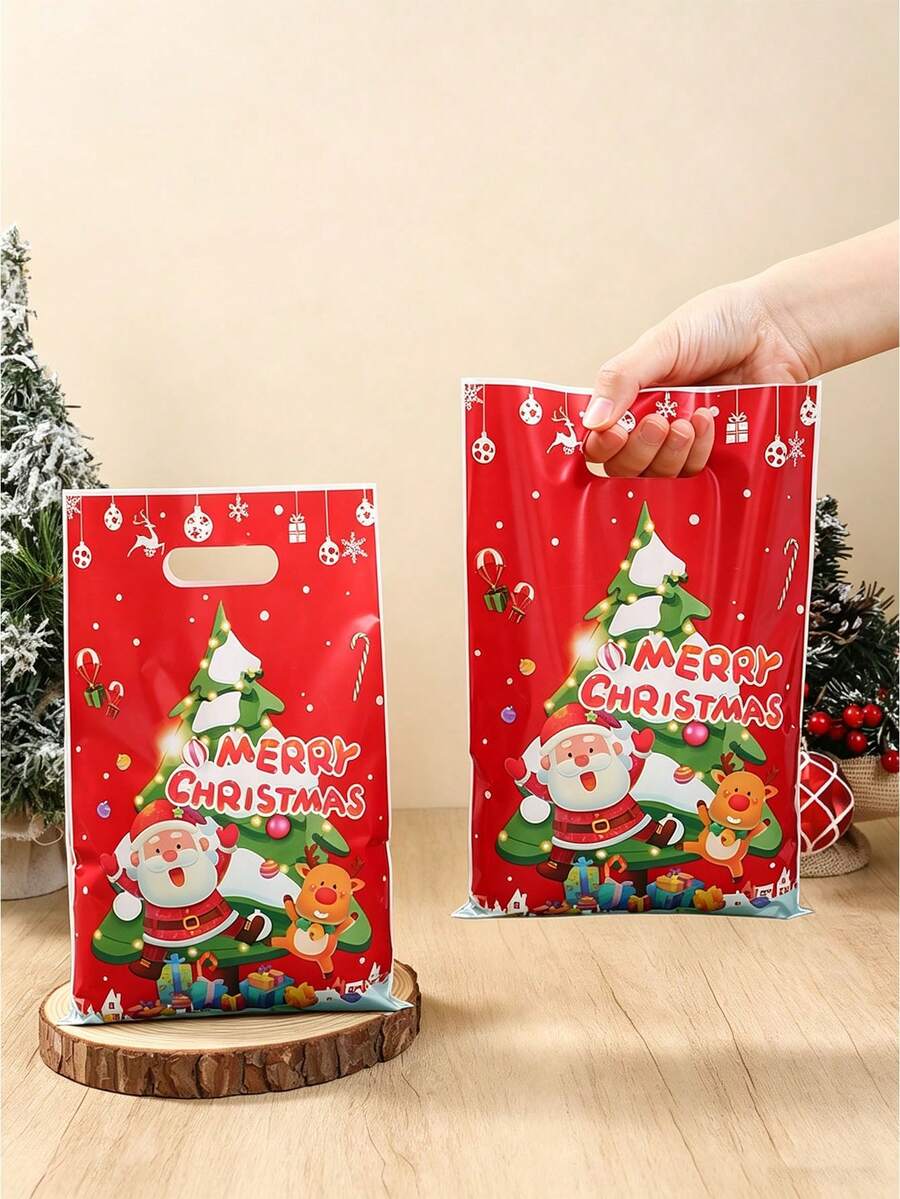 10/30/50pcs, Christmas Santa Claus Reindeer Gift Bags, Gingerbread Man Santa Claus Reindeer Pattern Plastic Packaging Bags, Merry Christmas Decorations For Home, Happy New Year Decor - Red - View 1