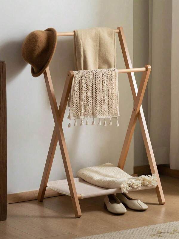 One Foldable Portable Bamboo Floor Rack, Combining A Towel Rack, Multi-Functional Clothes Rack, And Storage Rack; An Independent Clothing Storage Rack Suitable For Bedrooms And Living Rooms, Also Serving As A Simple Shoe Rack And Storage Shelf.