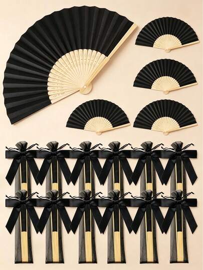 Multiple‑Pack Solid Black Hand Folding Fan With Bow Organza Gift Bag, Vintage Bamboo Hand Fan, Wedding Souvenir, Party Favor