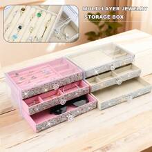 1pc 3-Layer Rhinestone Jewelry Storage Box, Multi-Function Large Capacity Jewelry Container With Drawers, Can Store Rings, Earrings, Bracelets, Necklaces - Multicolor - View 7