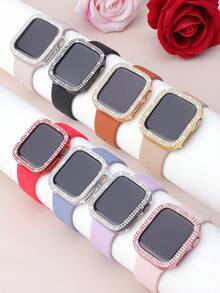 8PCS Rhinestone Watch Protective Case, Compatible With Apple Watch Case Models 40mm 41mm 42mm 44mm 45mm 46mm 49mm, Fashionable Luxury Sparkling Rhinestone Inlay, Hard PC Hollow Watch Case, Compatible With Apple Watch Series Ultra/SE/12/11/10/9/8/7/6/5/4, Compatible With Apple Watch Women's Smart Watch Case. Easy To Wear, Sensitive Touch - Multi-color 5 - View 3