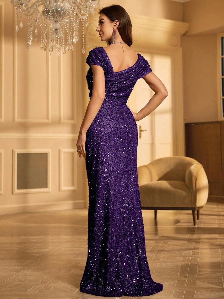 UNITHORSE Women's Asymmetric Neckline Ruched Sequin Party Dress Wedding Elegant Fall - Purple - View 6