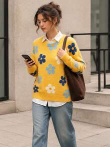 Women's Floral Print Ribbed Knit Pullover Sweater, Long Sleeve, Medium Stretch, Suitable For Autumn/Winter, Casual Fashion Autumn Style - Yellow - View 2