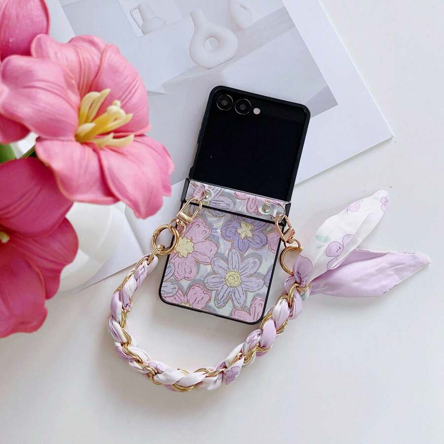 Purple Pink Oil Painting Floral Foldable Phone Case With Scarf Chain Compatible With Samsung Galaxy Z Flip8 5G/Galaxy Z Flip7 5G/Galaxy Z Flip6 5G/Galaxy Z Flip5 5G/Galaxy Z Flip4 5G Premium Luxury Foldable Phone Case - Multicolor - View 1