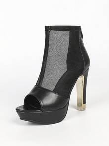 Black Chunky Heel Mesh Back Zipper Women's Sandals~Fashion High Heel Platform Peep Toe Plus Size Sandals For Women - Black - View 7