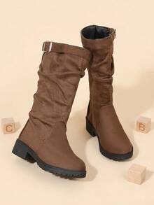 Girls' Brown Suede Mid-Calf Boots With Metal Buckle Slip-On Round Toe, Suitable For Autumn Outings And Shopping - Brown - View 5