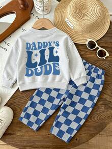 Vintage Baby Boy 2 Pieces Sports Set, Bold Slogan Print Sweatshirt & Striped Long Pants, Soft Spring/Autumn/Winter Outfit - Light Grey - View 3