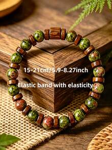 Natural Dragon Blood Stone Wooden Bead Wealth Bracelet, Handmade Elastic Bracelet, Prosperity And Good Fortune, Comfortable Elastic Bracelet For Men And Women, Fashionable Jewelry For Daily Wear, Ideal Gift For Office, Party, Birthday, Anniversary, Valentine's Day, Father's Day And All Special Occasions - Multicolor - View 7