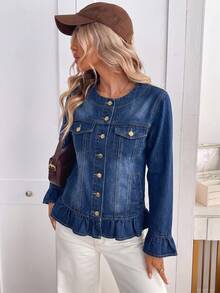 Áo khoác denim nữ màu xanh đậm viền bèo nhún phong cách thường ngày, áo thu - Rửa tối - Xem 4