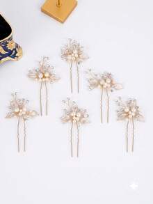 6pcs Elegant Pearl Rhinestone Leaf U-Shaped Hair Pins, Bridal Wedding Hair Forks For Women Prom Party Hair Accessories - Gold - View 8