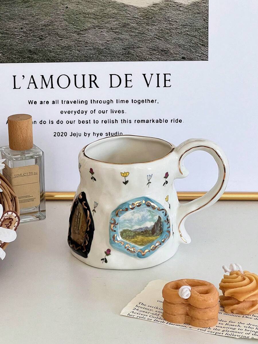 1pc Vintage Small Window Pattern Large Capacity Ceramic Mug, Suitable For Home Kitchen Restaurant Office, Exquisite Ceramic Mug, Can Be Used As Coffee Cup, Milk Cup, Breakfast Cup, Latte Cup, Multi-Functional Mug, Personalized Holiday Gift - Multicolor - View 1