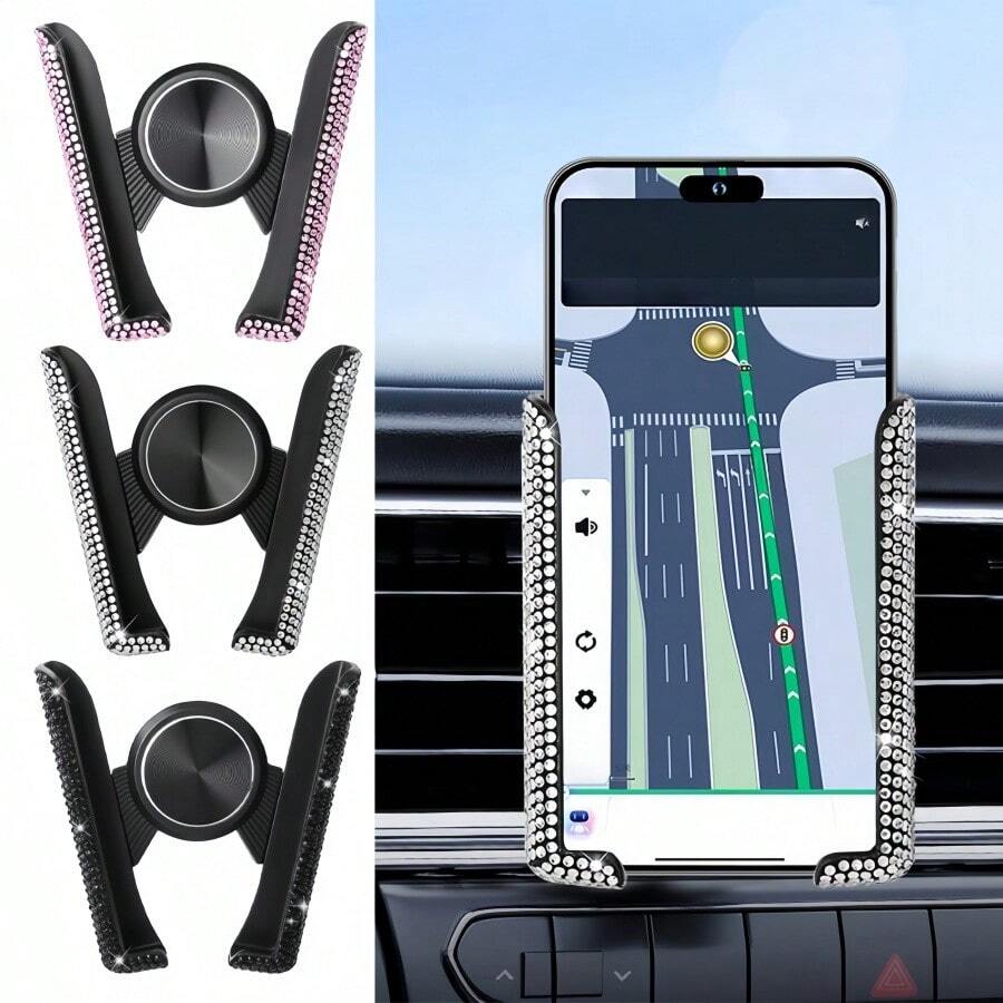 حامل هاتف السيارة المرصع بالألماس - مقاوم للماء، مادة ABS، تصميم مشبك على شكل V مثبت على الحائط، دعم الملاحة المحسن