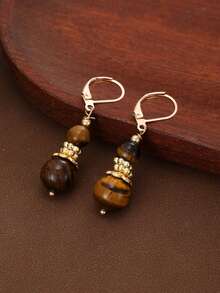 Vintage Tiger Eye Stone Teardrop Pendant Earrings, Women's Gold Teardrop Style Bohemian Exaggerated Earrings, Suitable For Daily Wear And Party, Gift - Earring - View 14